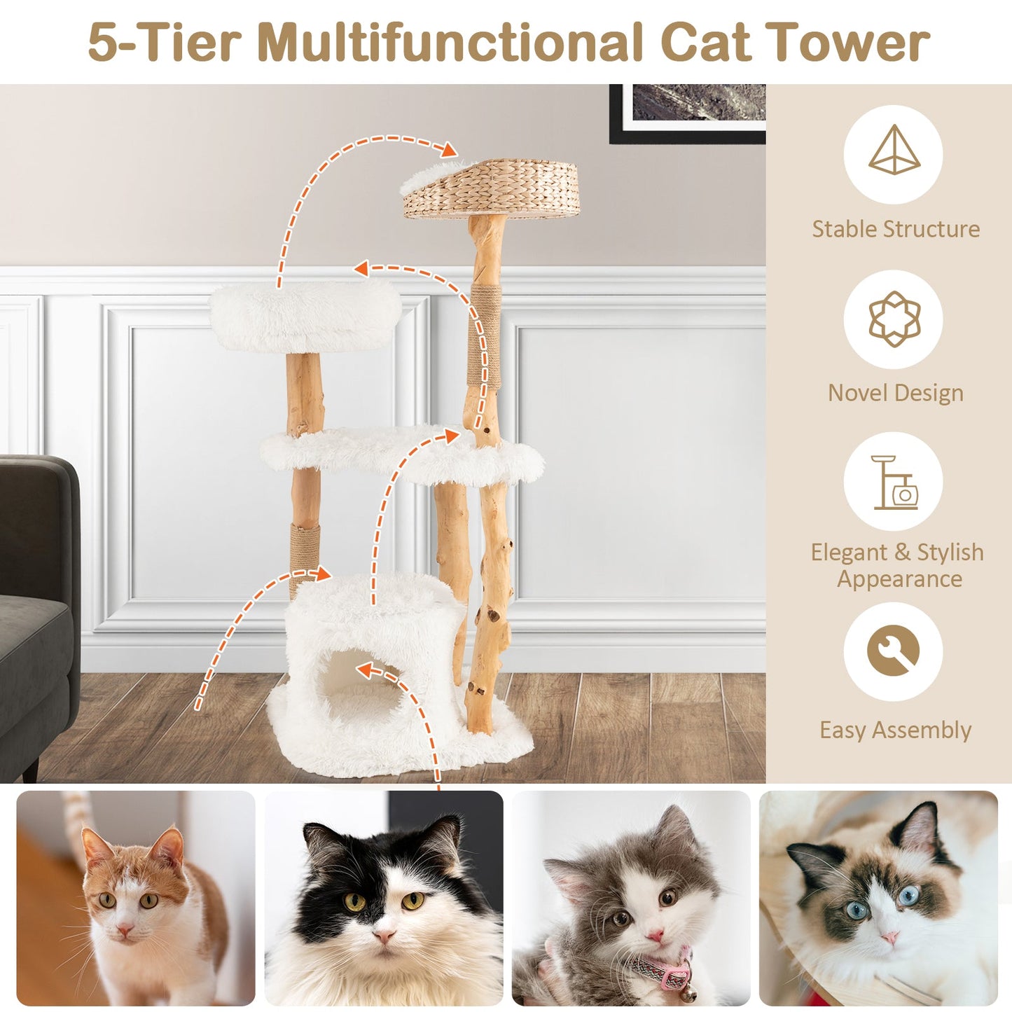 Torre para Gatos de Madera Sólida con Cesta de Cattail - Blanca