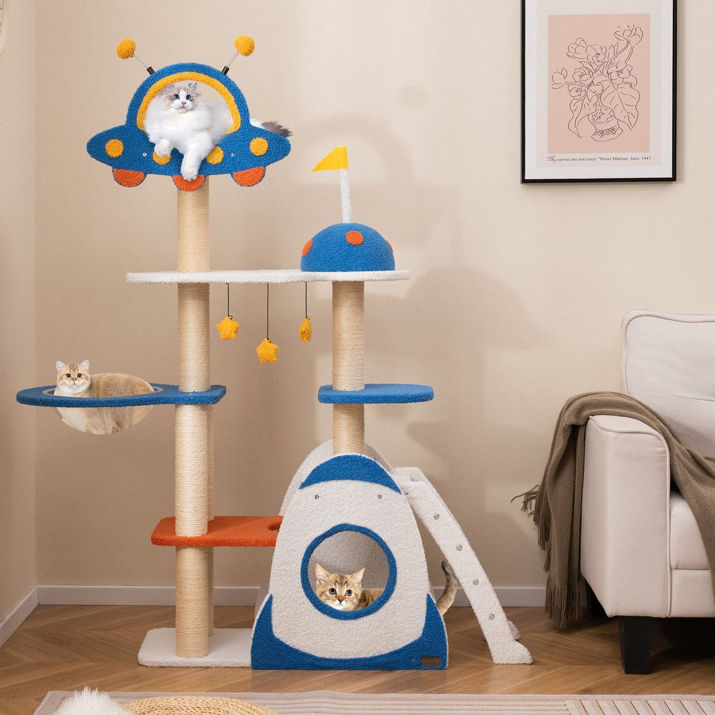 Arbre à chat multi-niveaux sur le thème de l'espace avec poteaux à gratter