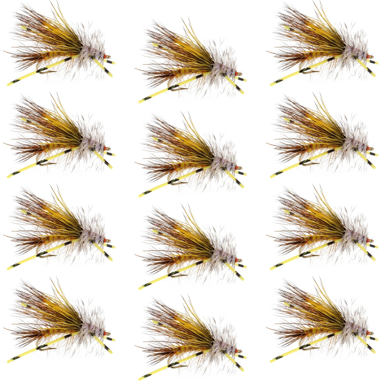 Kaufmann's Yellow Crystal Stimulator Rubber Legs Dry Fly - 1 Dozen Flies Hook Size 12