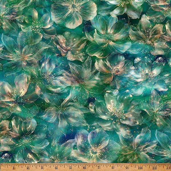 Tela de algodón Flora de medianoche verde piedra - 43"/44" por yarda