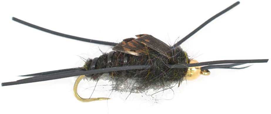 3-Pack Barbless Gold Bead Kaufmann's Black Stone Fly Nymphs with Rubber Legs - Size 6 - Korvel