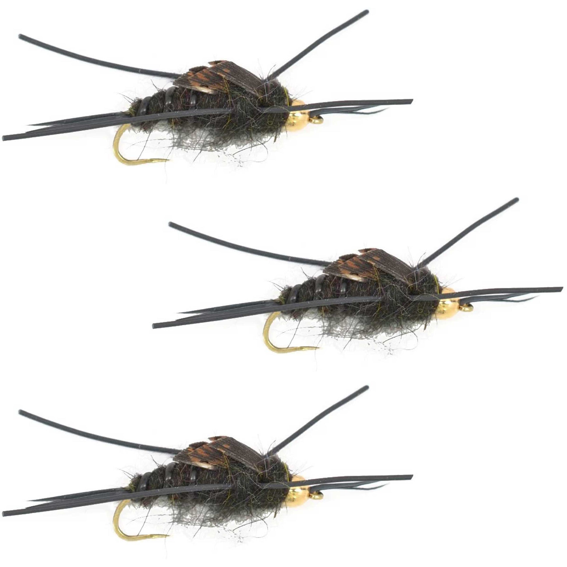 3-Pack Barbless Gold Bead Kaufmann's Black Stone Fly Nymphs with Rubber Legs - Size 10 - Korvel
