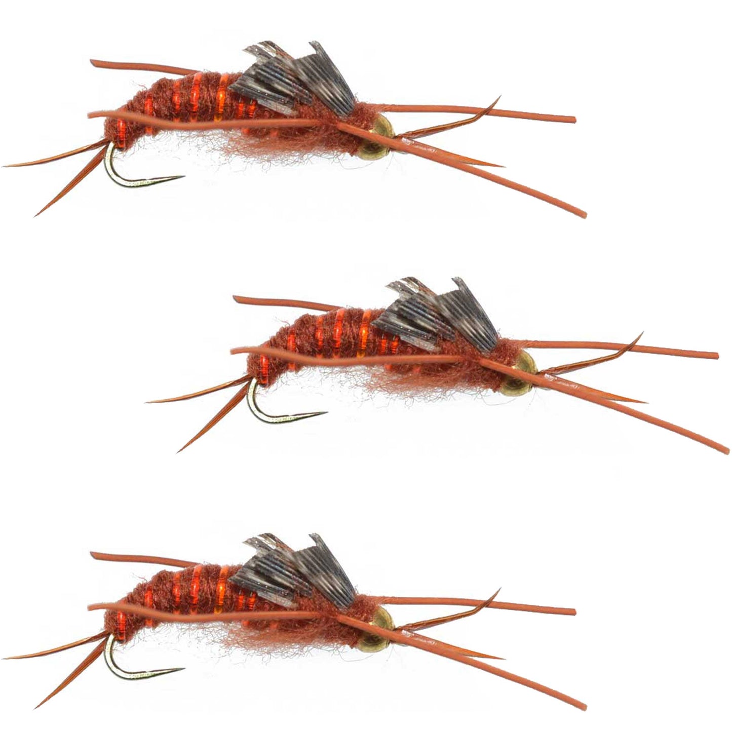 3-Pack Barbless Gold Bead Kaufmann's Brown Stone Fly Nymphs with Rubber Legs - Size 12 - Korvel