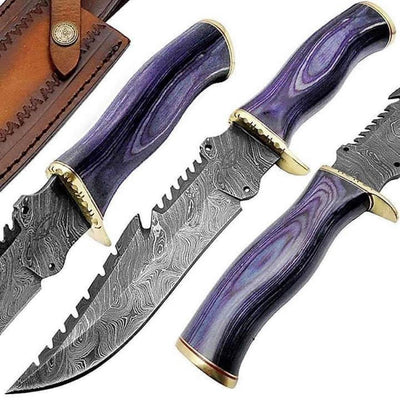 Custom Handmade Damascus Steel Survival Bowie Knife – 13-Inch Hunting Tool with Leather Sheath & Exotic Wood Handle | KBS Knives - Korvel