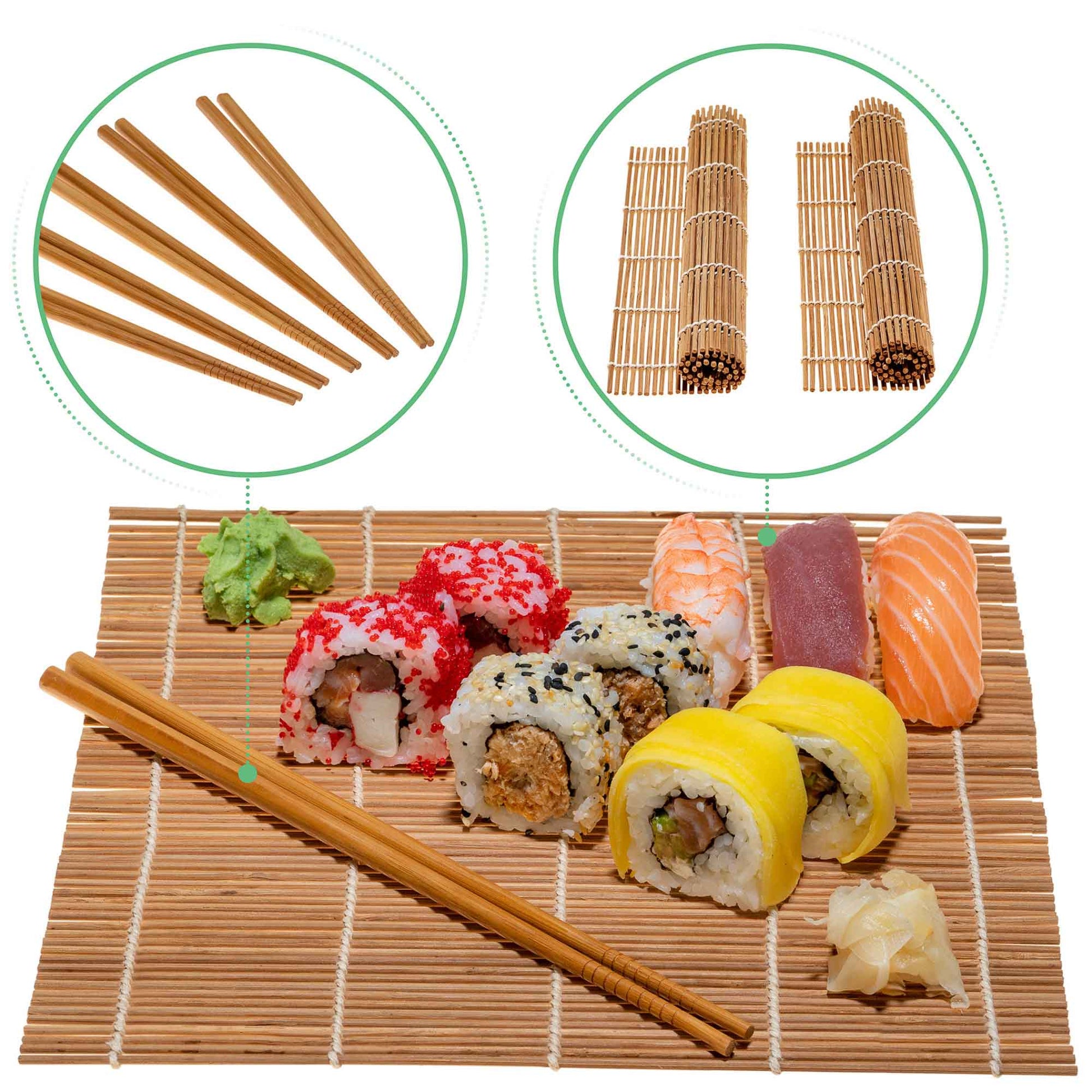 Bamboo Sushi Making Kit – 2 Rolling Mats, Rice Paddle, Spreader & 5 Pairs Chopsticks - Korvel