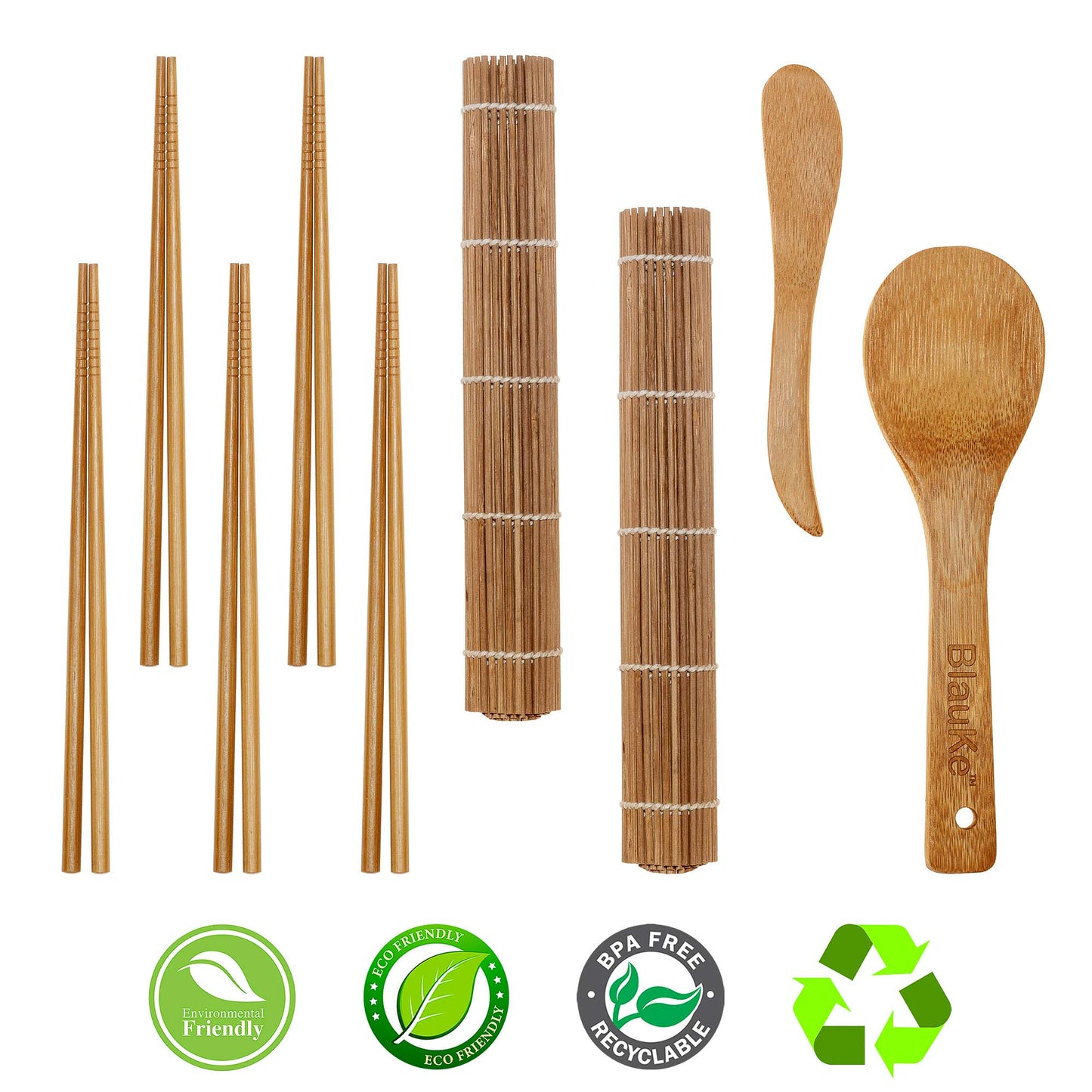 Bamboo Sushi Making Kit – 2 Rolling Mats, Rice Paddle, Spreader & 5 Pairs Chopsticks - Korvel
