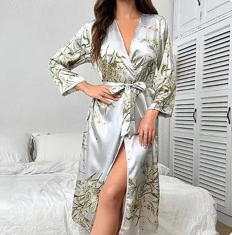 Ensemble de Chemise de Nuit et Robe en Satin à Imprimé Cerise