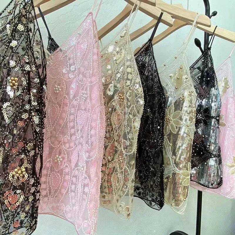 Haut à bretelles brodé de sequins et perles pour femmes