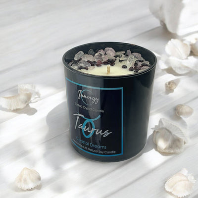 Taurus Zodiac Crystal Candle with Garnet, Clear Quartz, and Rose Quartz | 9oz Coconut-Soy Wax Candle - Korvel