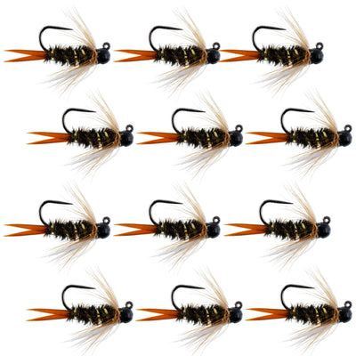Premium Black Tungsten Bead Prince Jig Tactical Nymph Flies - 12 Pack Size 12 - Korvel