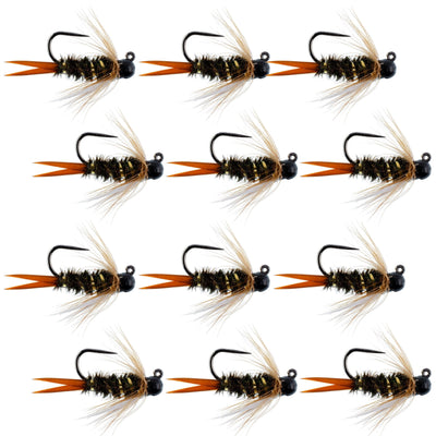 Premium Black Tungsten Bead Prince Jig Tactical Nymph Flies - 12 Pack Size 10 - Korvel