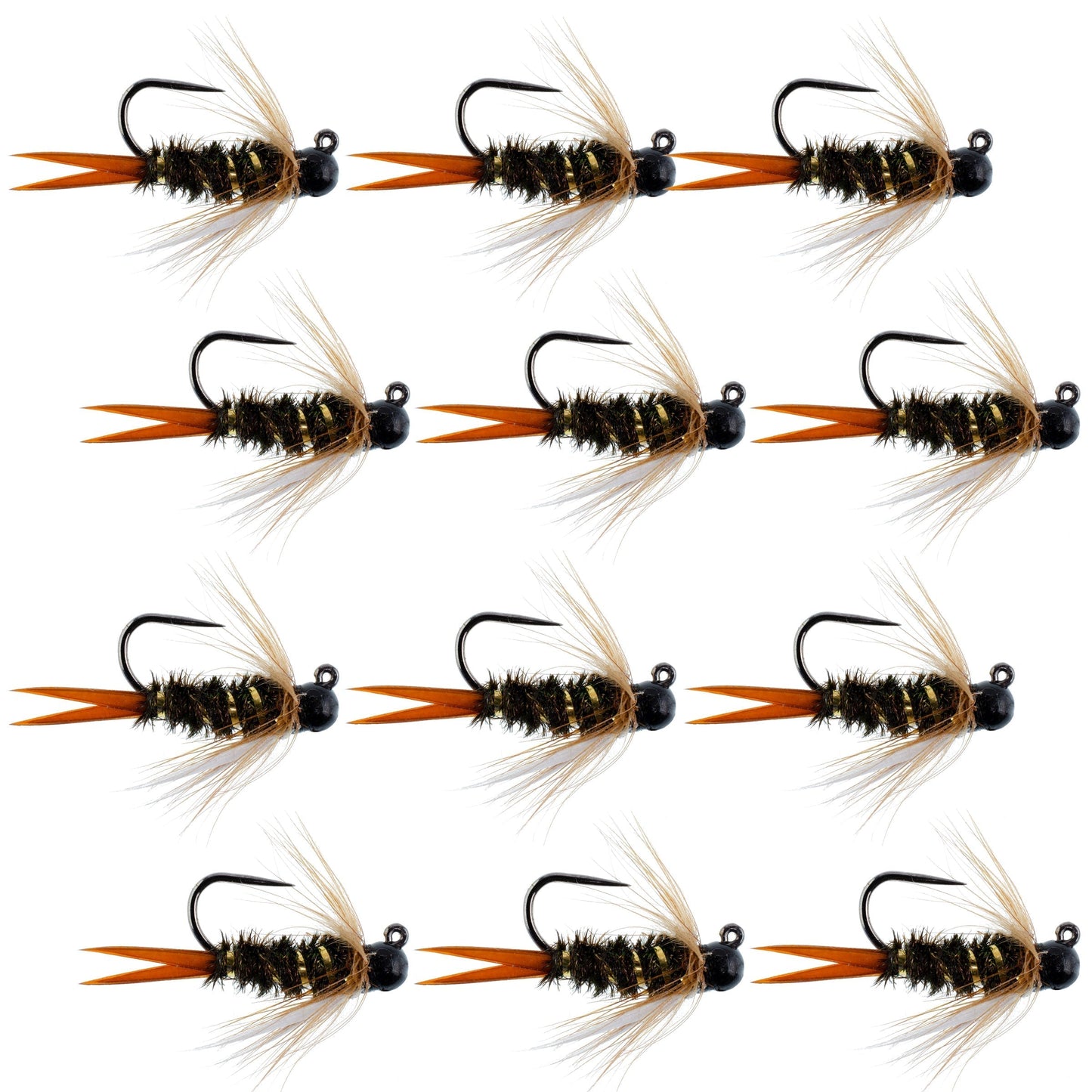 Premium Black Tungsten Bead Prince Jig Tactical Nymph Flies - 12 Pack Size 16 - Korvel
