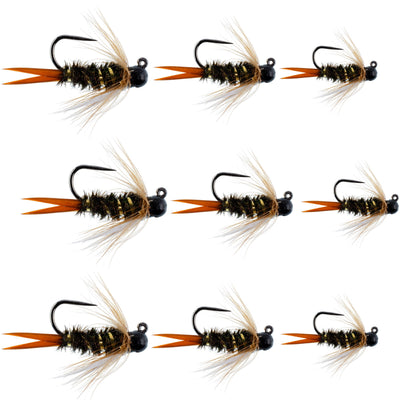 Premium Black Tungsten Bead Prince Jig Fly Set for Tactical Euro Nymphing - 9 Flies in Sizes 12, 14, 16 - Korvel