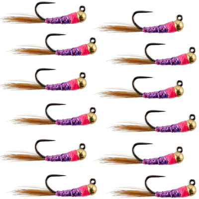Premium Tungsten Bead Purple Perdigon Tactical Jig Flies - 12 Pack Size 14 - Korvel