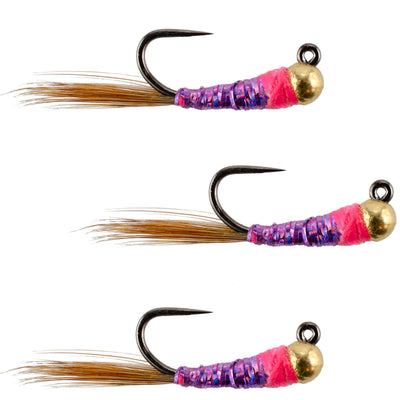Triple Pack of Tungsten Bead Hot Spot Purple Perdigon Tactical Jigs - Size 16 - Korvel