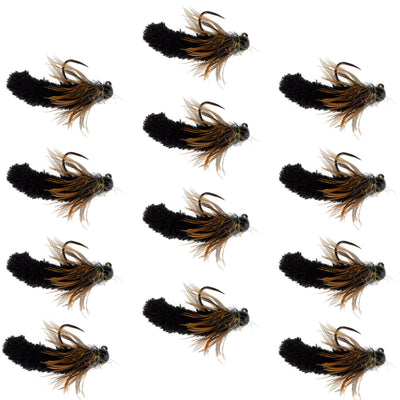 Tungsten Bead Black Mop Fly Tactical Jig Czech Euro Nymph Barbless Fly 12 Flies - Size 14 - Korvel