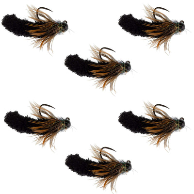 Premium Tungsten Bead Black Mop Fly Tactical Jig - 6 Barbless Czech Nymphs (Size 14) - Korvel