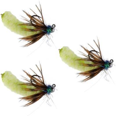 3-Pack Tactical Jigged Mop Flies with Tungsten Beads - Chartreuse, Size 14 - Korvel