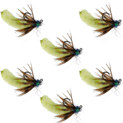 Tungsten Bead Chartreuse Mop Fly Tactical Jig Czech Euro Nymph Barbless Fly 6 Flies - Size 14