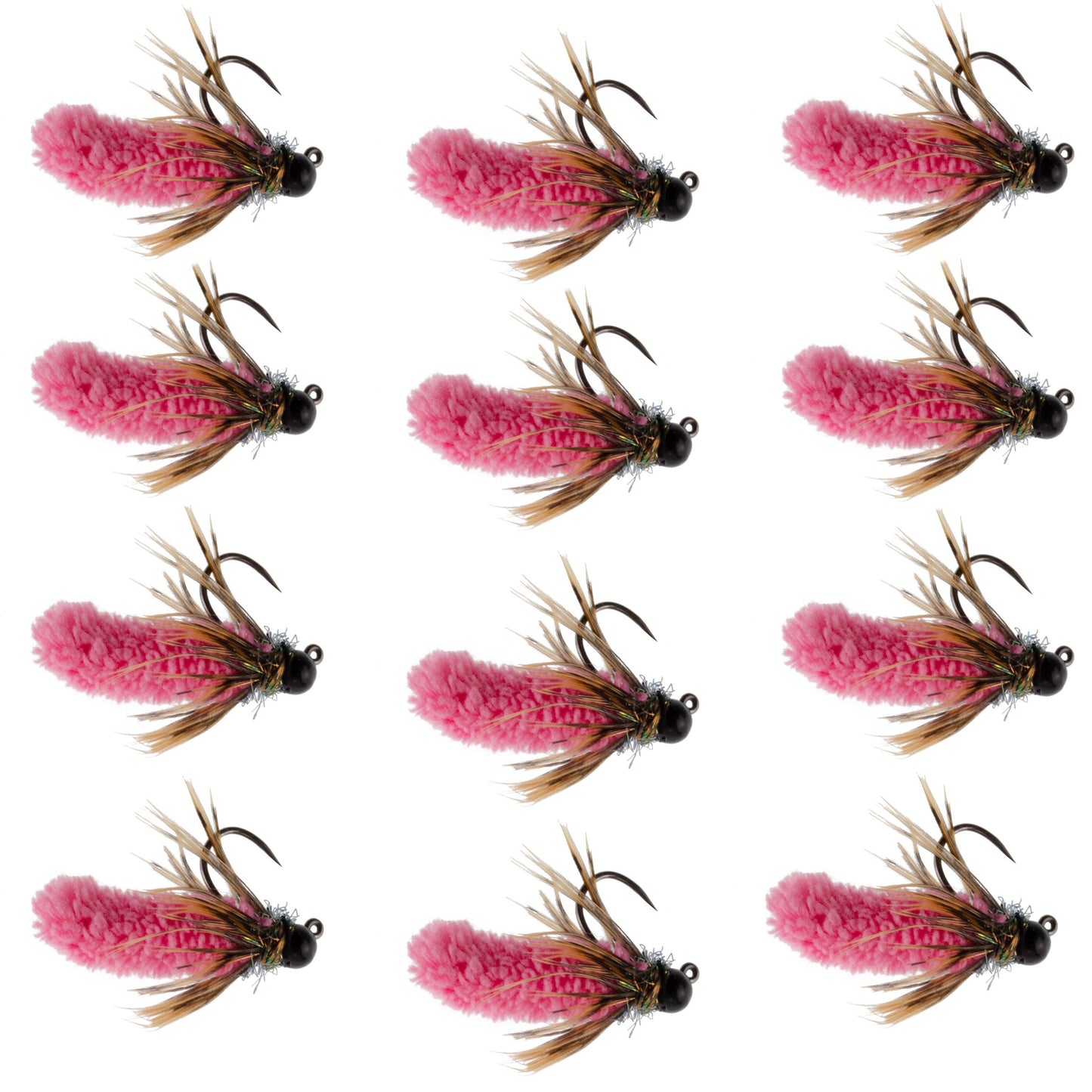 Tungsten Bead Hot Pink Mop Fly Tactical Jig Czech Euro Nymph Barbless Fly 12 Flies - Size 14 - Korvel
