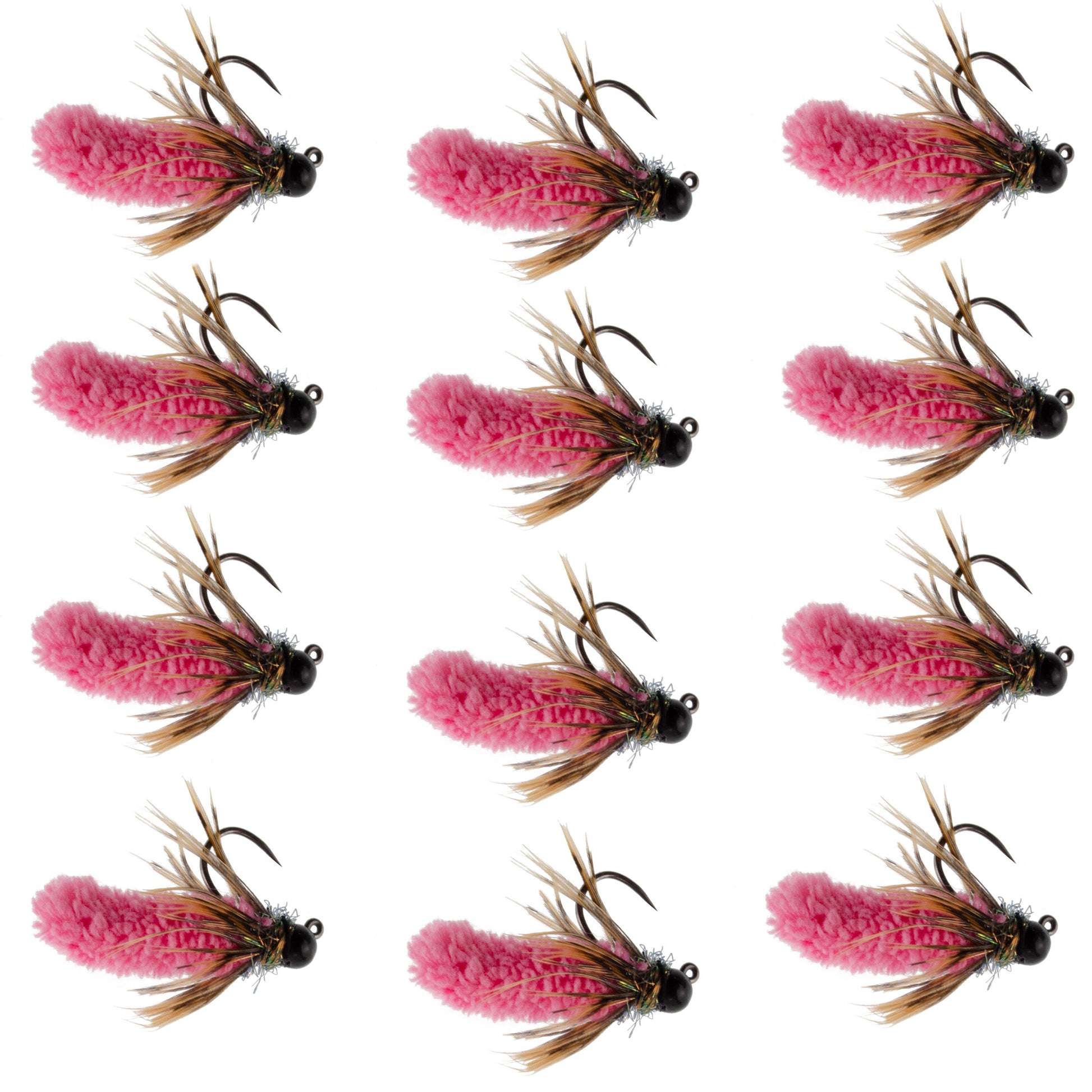 Tungsten Bead Hot Pink Mop Fly Tactical Jig Czech Euro Nymph Barbless Fly 12 Flies - Size 14 - Korvel