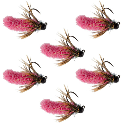 Hot Pink Tungsten Bead Mop Fly - Tactical Jig Nymphs (Size 14, Set of 6) - Korvel
