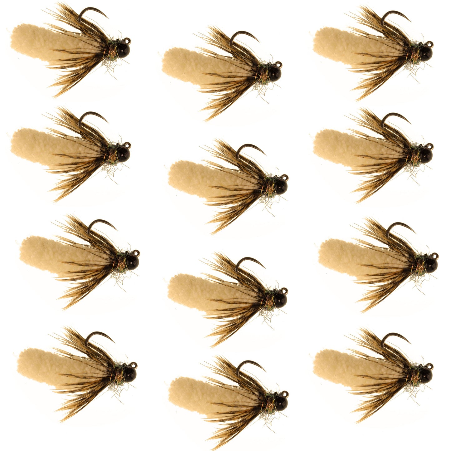 Tungsten Bead Tan Mop Fly Tactical Jig Czech Euro Nymph Barbless 12 Flies - Size 14 - Korvel