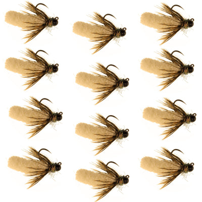 Tungsten Bead Tan Mop Fly Tactical Jig Czech Euro Nymph Barbless 12 Flies - Size 14 - Korvel