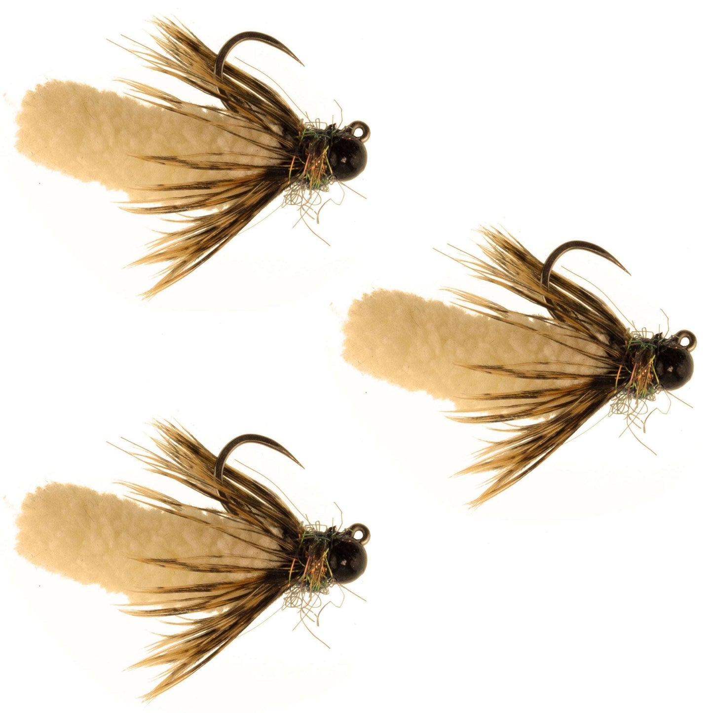 3-Pack Tactical Jig Tungsten Bead Tan Mop Flies - Size 14 Barbless Nymphs - Korvel