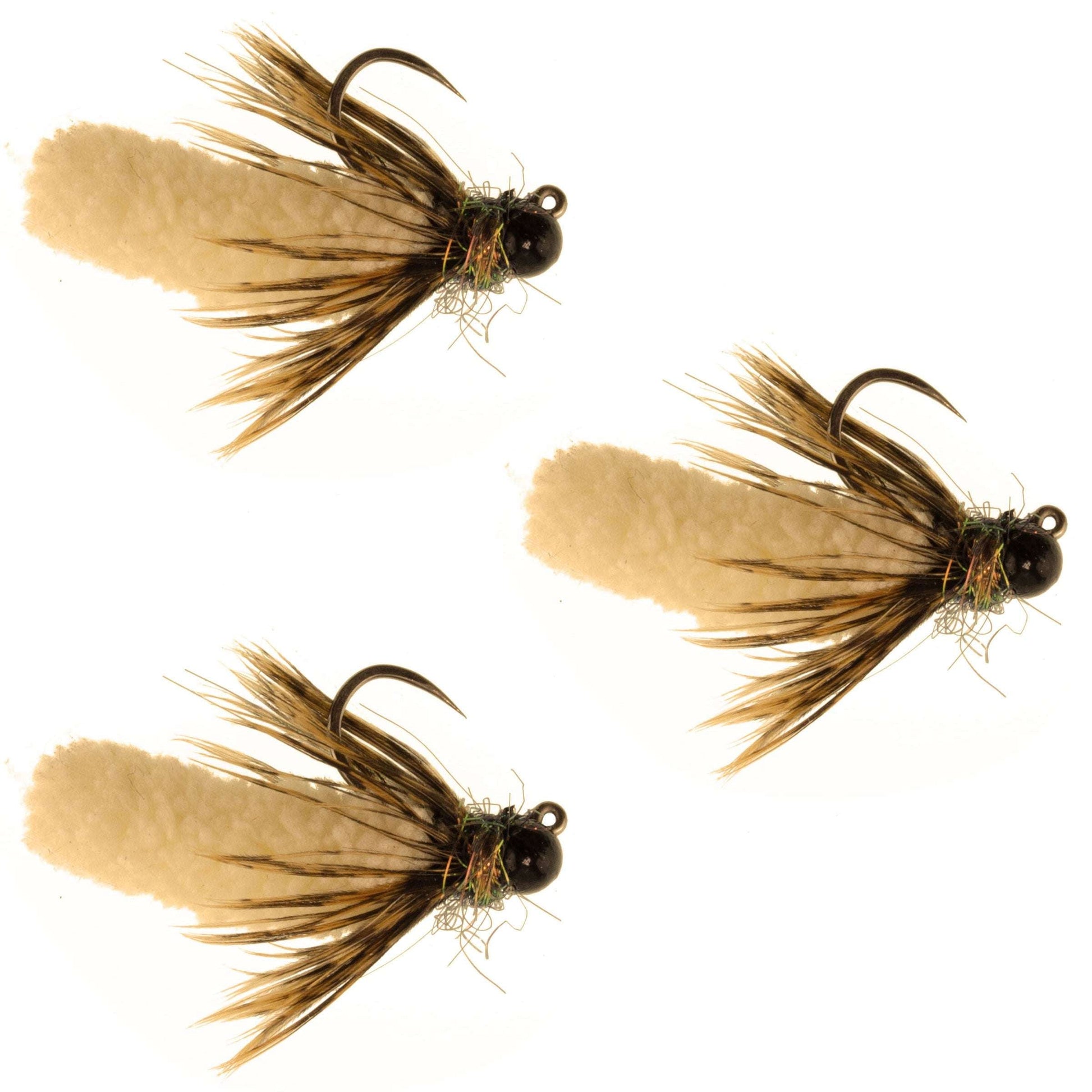3-Pack Tactical Jig Tungsten Bead Tan Mop Flies - Size 14 Barbless Nymphs - Korvel