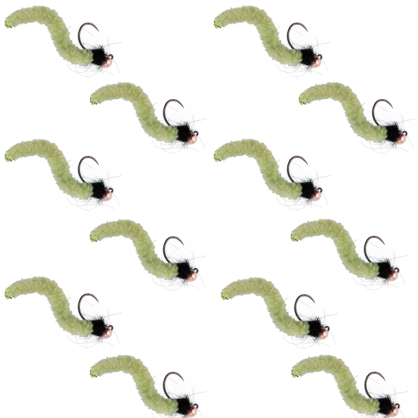 Premium Tungsten Bead Chartreuse Wormy Mop Fly - Tactical Jig Nymphs (12 Pack, Size 14) - Korvel