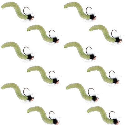 Premium Chartreuse Wormy Mop Fly - Tactical Jig Nymphs for Euro Fishing - 12 Pack Size 12 - Korvel