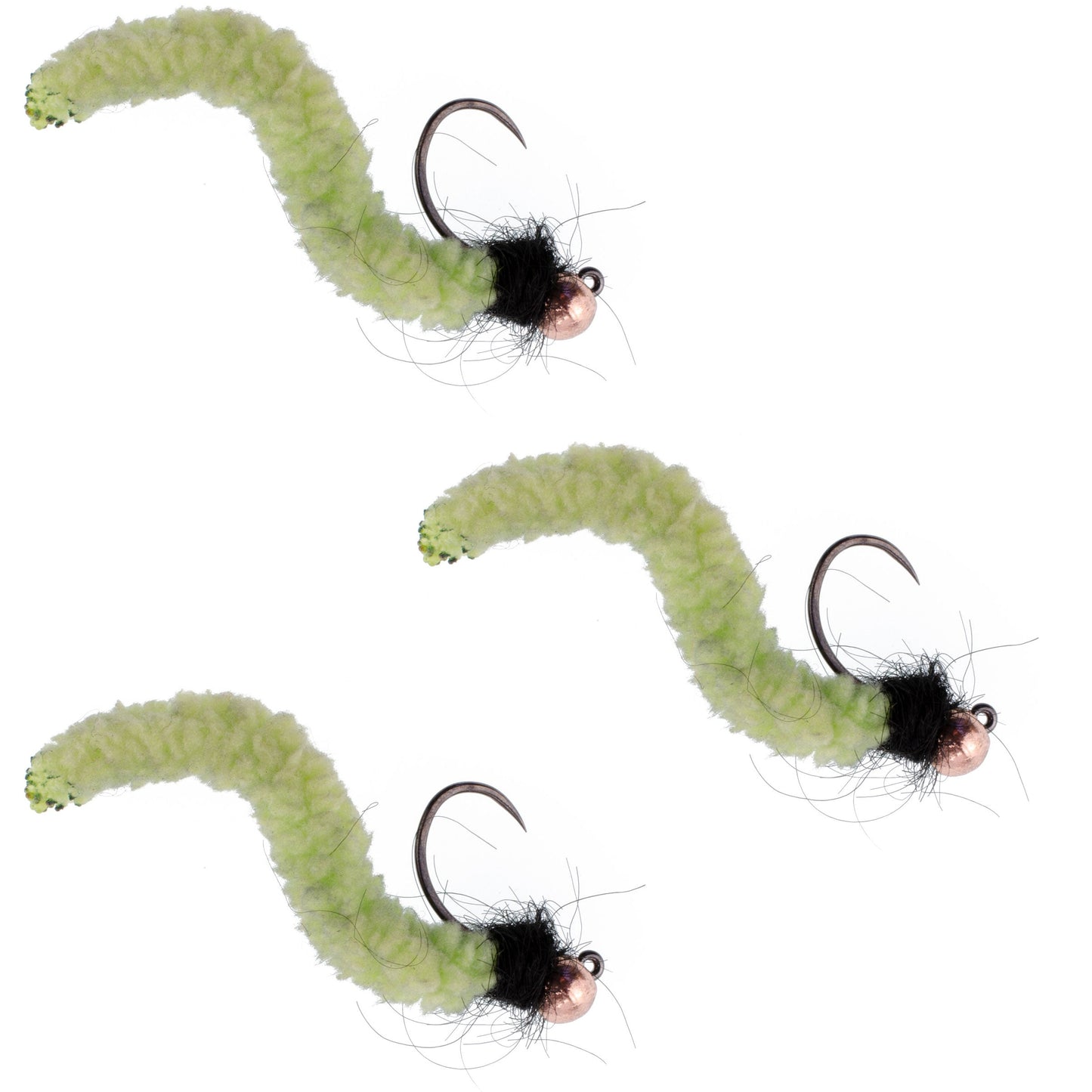 3-Pack Tactical Tungsten Bead Chartreuse Mop Flies - Size 14 Barbless Jig Nymphs - Korvel