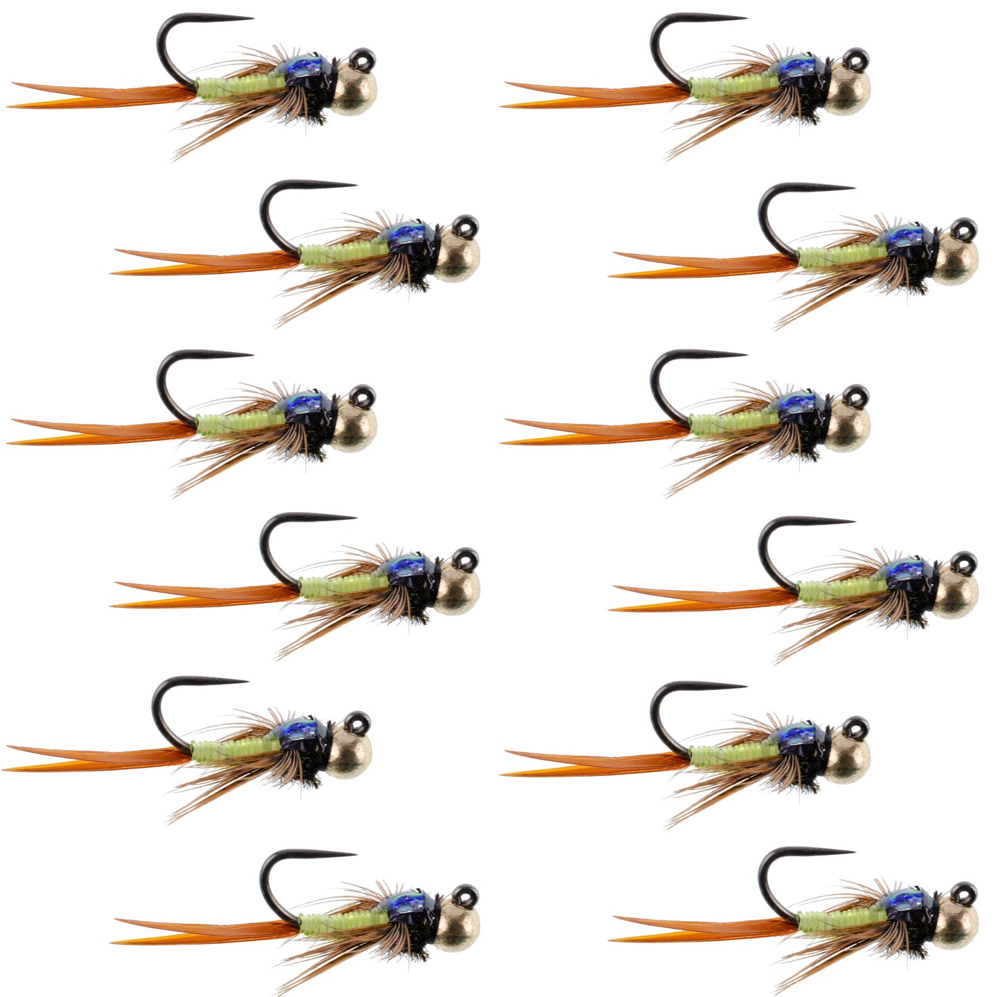 Premium Tungsten Bead Tactical Jig Flies - Copper John Chartreuse - 12 Pack Size 12 - Korvel