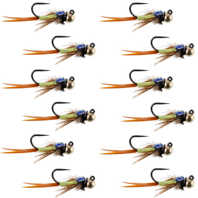 Premium Tungsten Bead Tactical Jig Flies - Copper John Chartreuse - 12 Pack Size 12 - Korvel