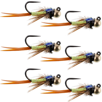 Premium Tungsten Bead Tactical Jig Flies - Copper John Chartreuse Nymphs (Size 14, Set of 6) - Korvel