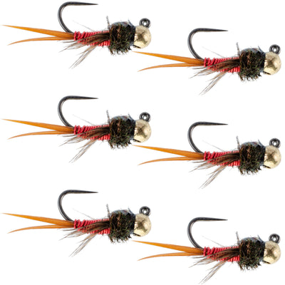 Copper John Tungsten Bead Tactical Jig Flies - Red Czech Nymphs (Size 12, Set of 6) - Korvel