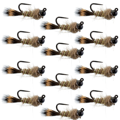 Premium Black Tungsten Bead Tactical Hares Ear Nymph Flies - 12 Pack Size 14 - Korvel