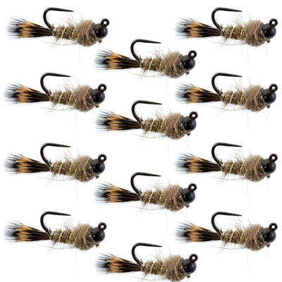 Premium Black Tungsten Bead Tactical Hares Ear Euro Nymphing Flies - 12 Pack Size 18 - Korvel