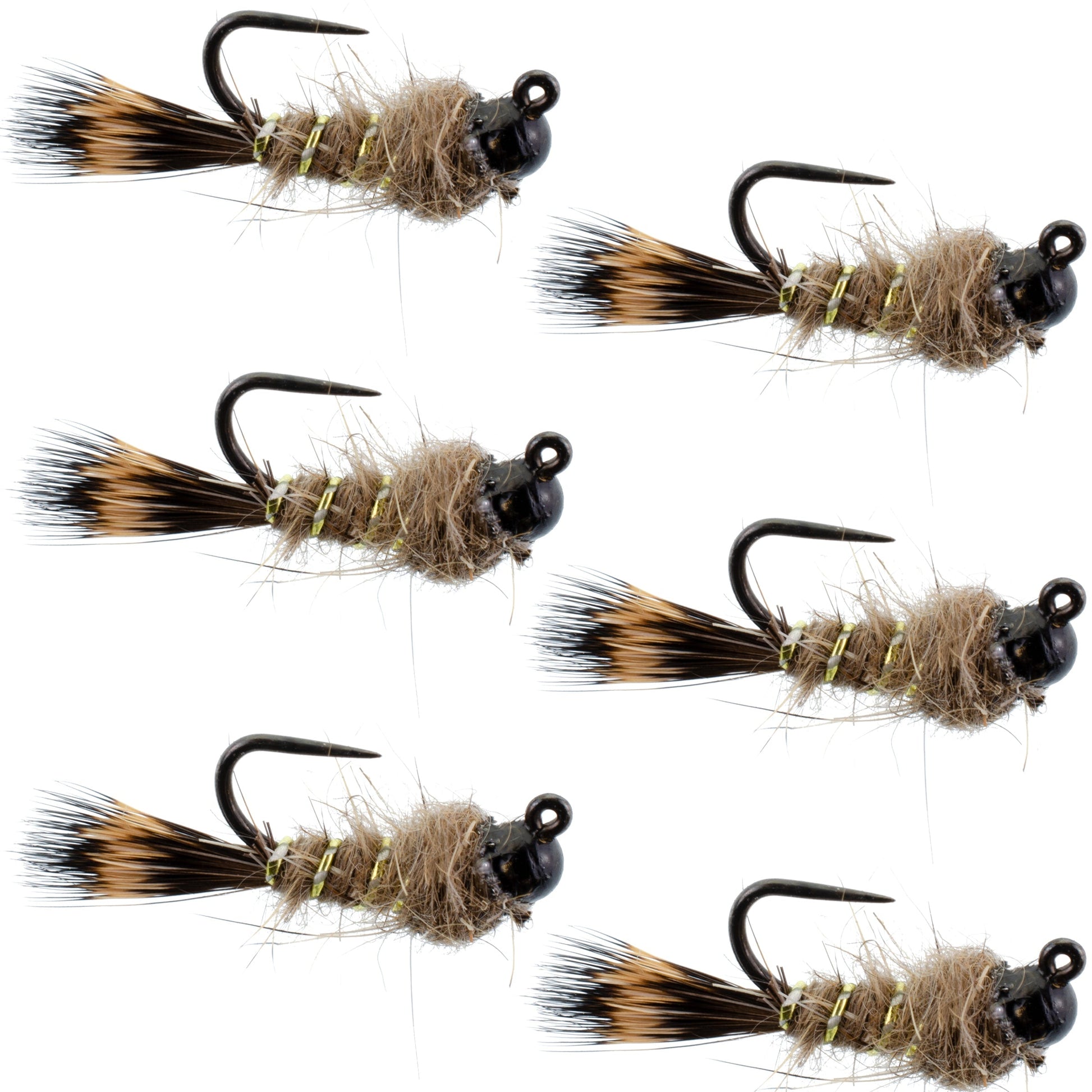 Premium Black Tungsten Bead Tactical Hare's Ear Nymph Flies - Set of 6 Size 16 - Korvel