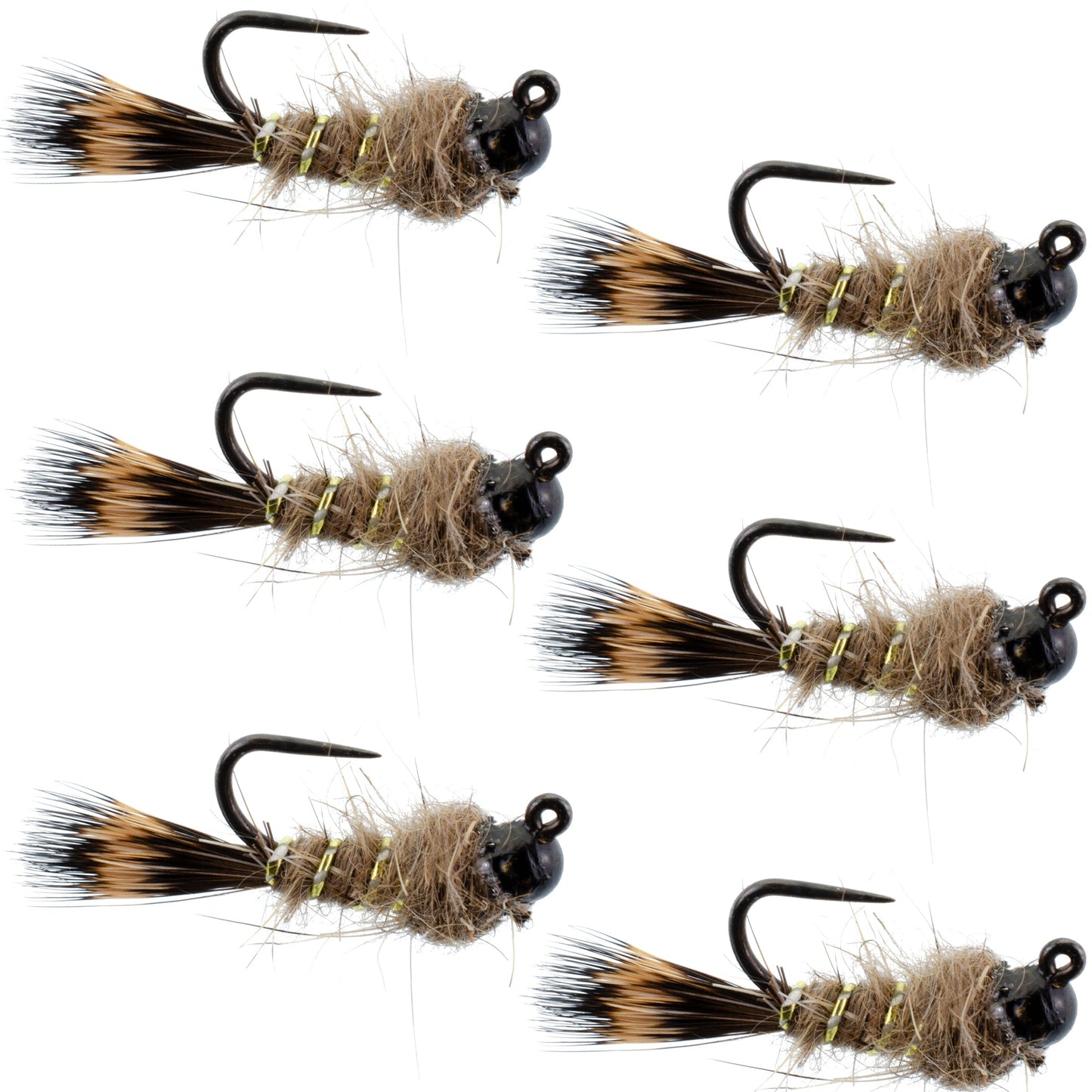 Premium Black Tungsten Bead Tactical Hare's Ear Euro Nymphing Flies - Set of 6 Size 12 - Korvel