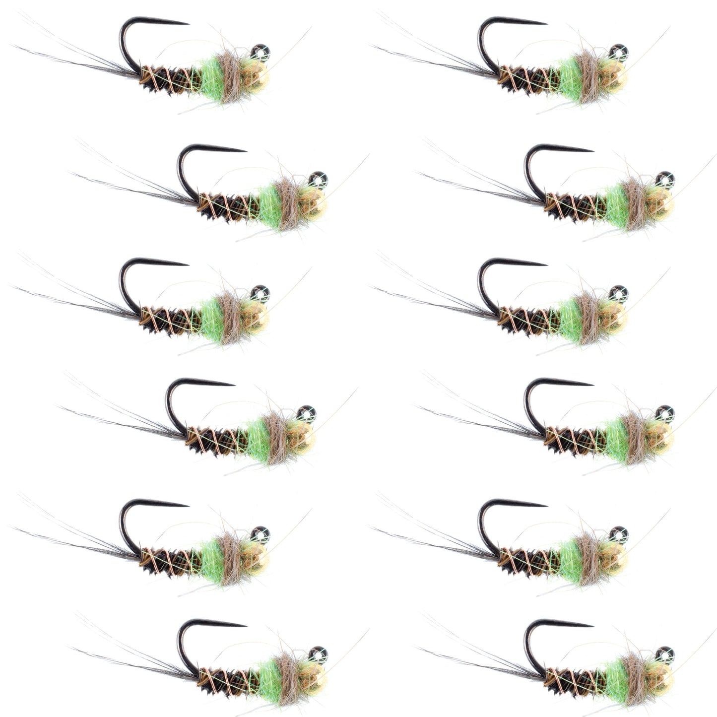 Chartreuse Tungsten Bead Pheasant Tail Tactical Jig Flies - 12 Pack Size 14 - Korvel