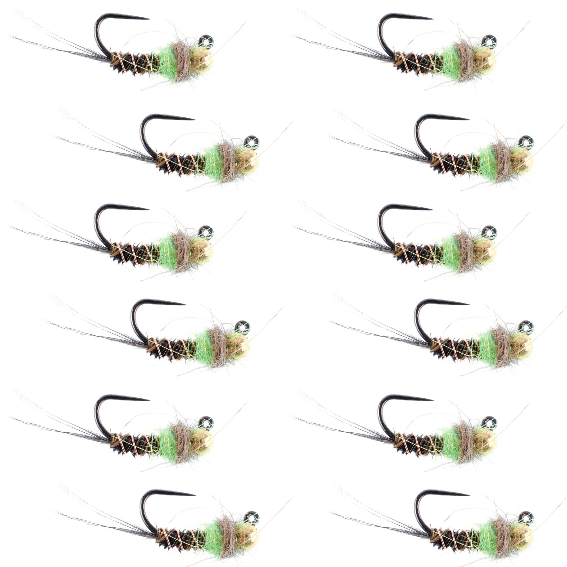 Chartreuse Tungsten Bead Pheasant Tail Tactical Jig Flies - 12 Pack Size 14 - Korvel