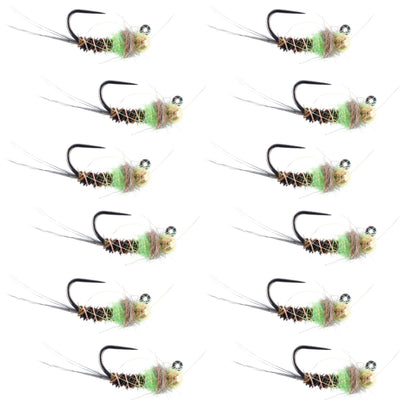 Chartreuse Tungsten Bead Pheasant Tail Tactical Jig Flies - 12 Pack Size 14 - Korvel