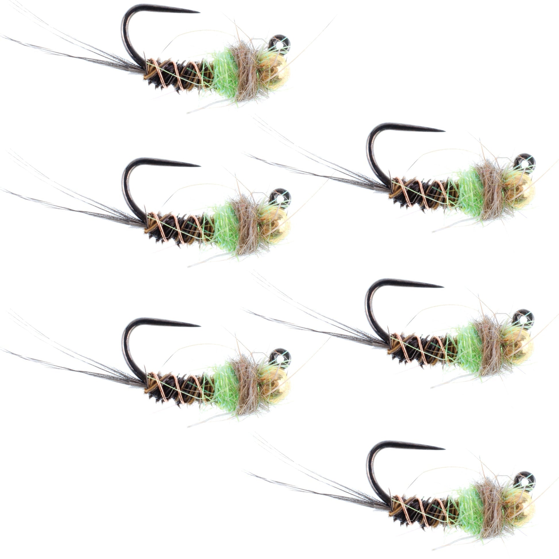 Chartreuse Tactical Jig Pheasant Tail Nymphs - 6 Size 12 Flies - Korvel