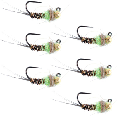 Chartreuse Tactical Jig Pheasant Tail Nymphs - 6 Size 12 Flies - Korvel