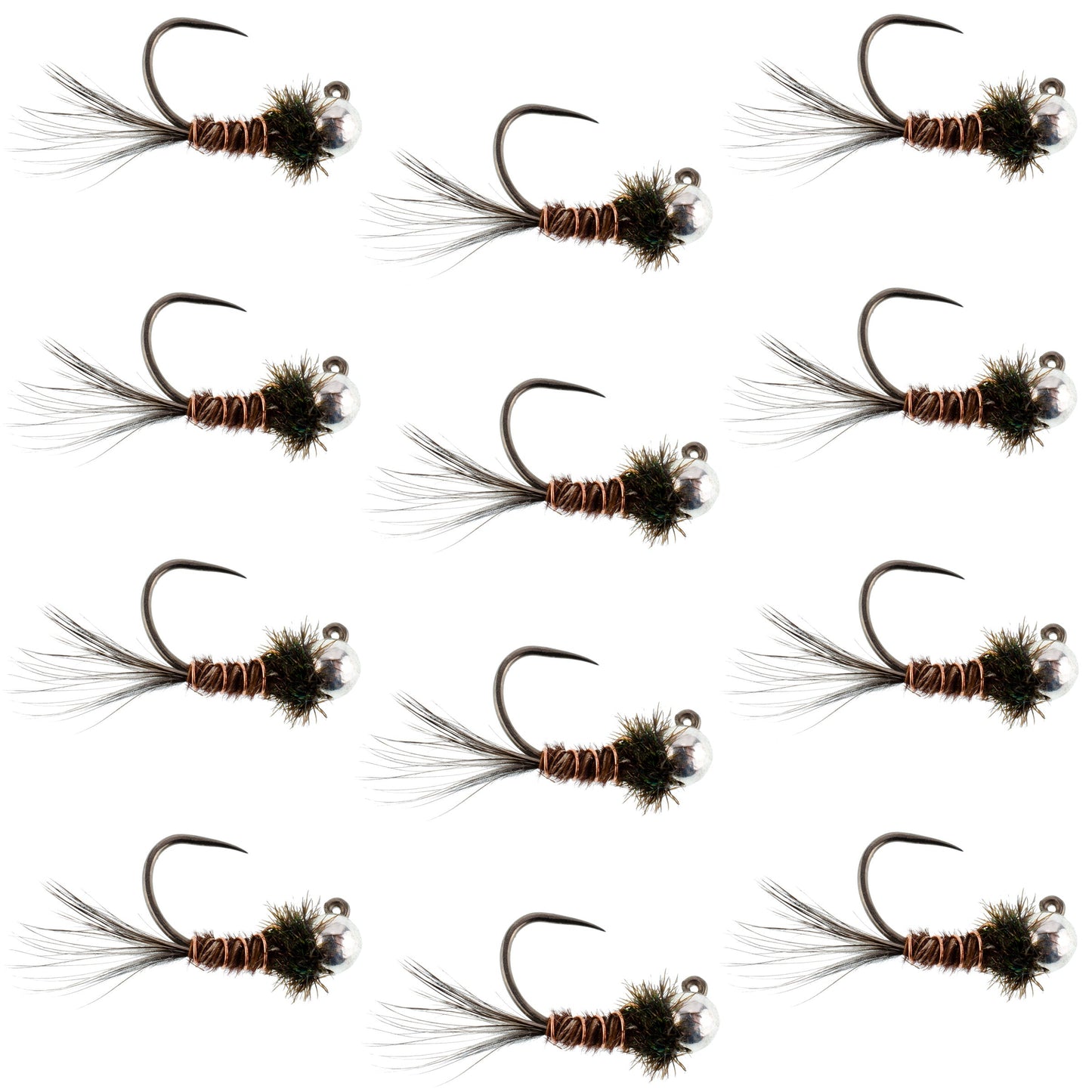 Premium Tungsten Bead Pheasant Tail Tactical Jig Flies - 12 Pack Size 14 for Euro Nymphing - Korvel