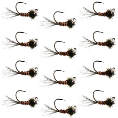 Premium Tungsten Bead Pheasant Tail Tactical Jig Flies - 12 Pack Size 14 for Euro Nymphing - Korvel