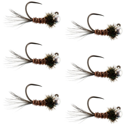 Premium Tungsten Bead Pheasant Tail Tactical Jig Flies - Size 16 (Set of 6) - Korvel