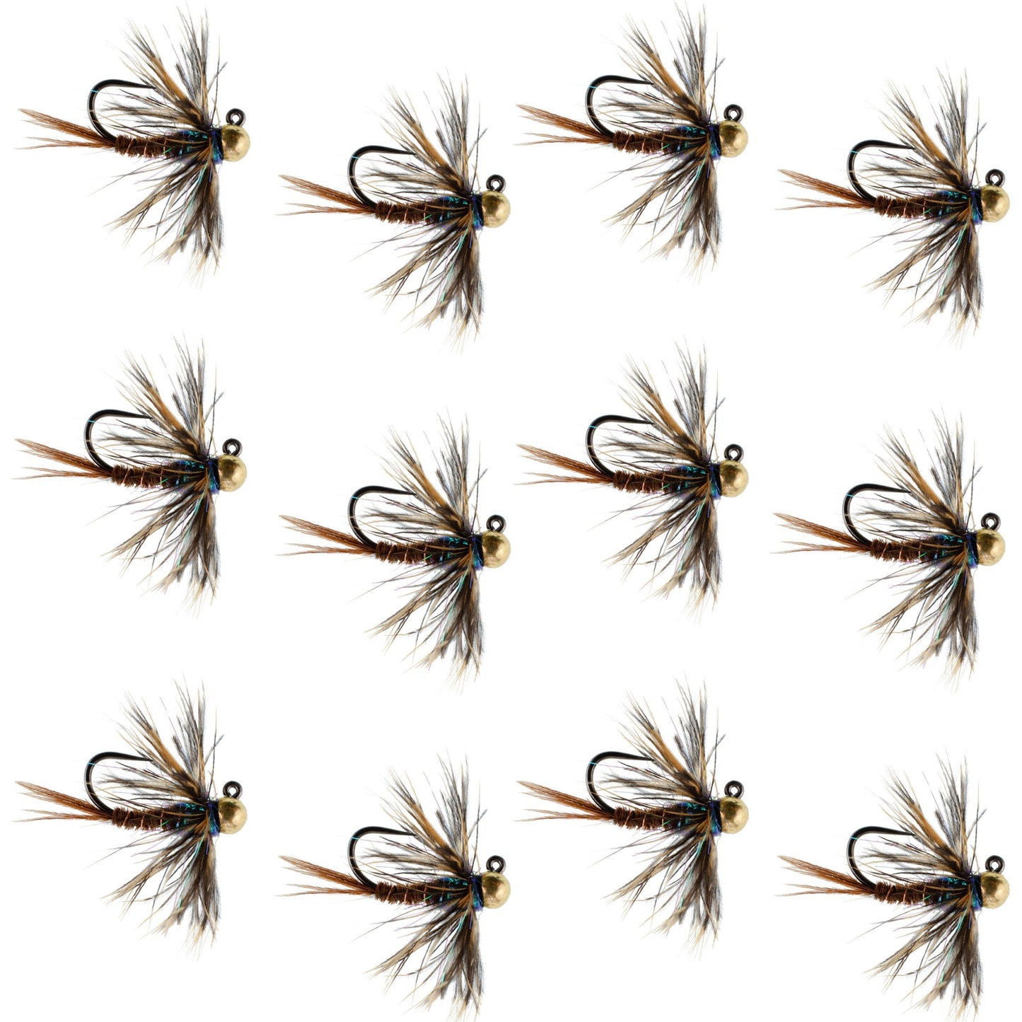 Premium Tungsten Bead Pheasant Tail Tactical Jig Flies - 12 Pack Size 12 - Korvel
